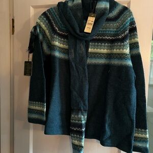 Eddie Bauer Blue and Cream Knit Cardigan with Matching Scarf